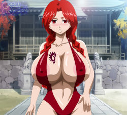 Rule 34 | 1girl, areola slip, bikini, blush, braid, breasts, cleavage, covered erect nipples, fairy tail, flare corona, highres, huge breasts, long hair, looking at viewer, navel, red eyes, red hair, rtenzo, slingshot swimsuit, solo, standing, swimsuit