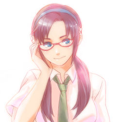 Rule 34 | 00s, 1girl, blue eyes, brown hair, evangelion: 2.0 you can (not) advance, female focus, glasses, hairband, knhl, long hair, lowres, makinami mari illustrious, necktie, neon genesis evangelion, rebuild of evangelion, school uniform, simple background, solo, twintails, white background