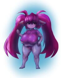 Rule 34 | absurdres, aivrotsiel, areola slip, black nails, blue eyes, blush, breasts, curvy, highres, huge breasts, league of legends, nipples, original, panties, shortstack, skin tight, skindentation, smile, thick eyebrows, thick thighs, thighs, twintails, underboob, underwear, yordle