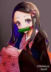 Rule 34 | 1girl, absurdres, bamboo, bit gag, brown background, brown hair, commentary request, forehead, gag, gradient hair, hair ribbon, hands on own knees, highres, japanese clothes, kamado nezuko, kimetsu no yaiba, kimono, knees up, long hair, long sleeves, looking at viewer, mouth hold, multicolored hair, open clothes, orange hair, parted bangs, pink kimono, pink ribbon, purple eyes, purple hair, ribbon, rukinya (nyanko mogumogu), sitting, sleeves past wrists, solo, twitter username, unmoving pattern, very long hair, wide sleeves