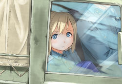 Rule 34 | 1girl, bag, blonde hair, blue eyes, elma leivonen, looking at viewer, looking outside, military, military uniform, motor vehicle, shibasaki shouji, short hair, solo focus, strike witches, strike witches: suomus misfits squadron, truck, uniform, vehicle, window, world witches series