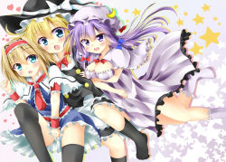 Rule 34 | 3girls, :d, :o, alice margatroid, apron, blonde hair, blue eyes, bow, breast rest, breasts, capelet, cleavage, clothes pull, crescent, dress, dress pull, dress tug, girl sandwich, gradient background, group hug, hair bow, hairband, hat, hat ribbon, heart, hug, kirisame marisa, kuzumomo, leaning, lolita hairband, long hair, medium breasts, mob cap, multiple girls, no shoes, open mouth, over-kneehighs, patchouli knowledge, purple eyes, purple hair, ribbon, sandwiched, sash, shadow, short hair, short sleeves, smile, socks, star (symbol), striped, thighhighs, touhou, vertical stripes, vest, waist apron, witch hat, wrist cuffs