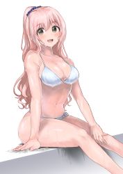 1girl absurdres bikini blush breasts collarbone green_eyes hair_ornament highres idolmaster idolmaster_cinderella_girls long_hair looking_at_viewer midriff navel open_mouth pink_hair ponytail saionji_kotoka simple_background smile solo swimsuit takehyiro white_background white_bikini