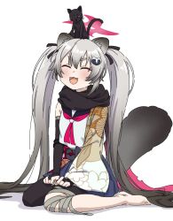 Rule 34 | 1girl, :3, animal, animal ears, animal on head, bandaged leg, bandages, black cat, black ribbon, blue archive, blush, brilliantko, cat, cat on head, closed eyes, fang, floral print, grey hair, hair ornament, hair ribbon, highres, long hair, michiru (blue archive), multicolored clothes, multicolored scarf, neckerchief, on head, open mouth, raccoon ears, raccoon girl, raccoon tail, ribbon, scarf, simple background, sitting, solo, tail, twintails, very long hair, white background
