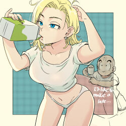 Rule 34 | 1boy, 1girl, android 18, bald, blonde hair, blue eyes, coffee mug, commentary, couple, cropped shirt, cup, dragon ball, dragonball z, drinking, earrings, english commentary, english text, highres, holding, holding carton, holding cup, husband and wife, jewelry, kuririn, leaning forward, medium hair, milk carton, mug, navel, no pants, panties, pink mousse, scratching head, shirt, short sleeves, single earring, smile, solo focus, t-shirt, underwear, unkempt, white panties, white shirt