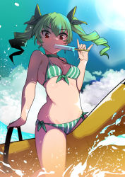 Rule 34 | 1girl, anchovy (girls und panzer), bikini, black ribbon, drill hair, eating, food, girls und panzer, green bikini, green hair, highres, in water, inflatable toy, long hair, nakasone haiji, popsicle, red eyes, ribbon, solo, striped bikini, striped clothes, swimsuit, twin drills, twintails