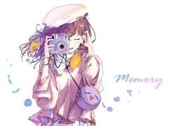 Rule 34 | 1girl, absurdres, bag, baggy clothes, camera, commentary, daramjwijjang41, english text, hat, highres, hololive, hololive english, long hair, long sleeves, ninomae ina&#039;nis, orange hair, petals, purple hair, satchel, sidelocks, simple background, skirt, solo, straight hair, takodachi (ninomae ina&#039;nis), tentacle hair, tentacles, very long hair, virtual youtuber, white background