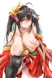 Rule 34 | 1girl, ahoge, azur lane, bare shoulders, black hair, black thighhighs, blush, breasts, breasts squeezed together, cleavage, collarbone, crossed bangs, feathers, hair between eyes, hair ribbon, highres, japanese clothes, kimono, kimono pull, knee up, large breasts, long hair, mask, mask on head, nipples, obi, off shoulder, panties, parted lips, pink lips, red eyes, red kimono, red ribbon, ribbon, sash, simple background, sitting, solo, striped ribbon, taihou (azur lane), thighhighs, tororo ten, tsurime, twintails, underwear, very long hair, white background, white panties, wide sleeves