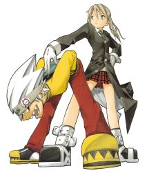 Rule 34 | 1boy, 1girl, blonde hair, boots, coat, gloves, green eyes, hands in pockets, headband, highres, maka albarn, official art, ohkubo atsushi, perspective, red eyes, sharp teeth, simple background, skirt, soul evans, teeth, twintails, white background, white hair