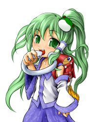 Rule 34 | 1girl, aged down, alternate hairstyle, bad id, bad pixiv id, detached sleeves, female focus, frog, gradient background, green eyes, green hair, hair ornament, hat, kochiya sanae, matching hair/eyes, po zitto, pyonta, short hair, snake, solo, touhou, white background