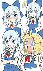 Rule 34 | 1girl, :&lt;, alternate hair color, bangs pinned back, blonde hair, blue bow, blue dress, blue eyes, blue hair, blush, bow, bowtie, breasts, cirno, collared shirt, commentary request, crossed arms, dress, e.o., hair between eyes, hand on own face, hand up, hands up, highres, lightning bolt symbol, looking at viewer, looking to the side, looking up, medium breasts, no wings, open mouth, puffy short sleeves, puffy sleeves, red bow, red bowtie, shaded face, shirt, short hair, short sleeves, simple background, smile, solo, standing, touhou, upper body, v-shaped eyebrows, white background, white shirt