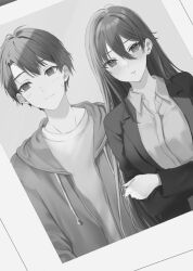 Rule 34 | 1boy, 1girl, blush, breasts, closed mouth, collared shirt, drawstring, dress shirt, dutch angle, greyscale, hair between eyes, hamu (plot sy), highres, hood, hood down, hooded jacket, jacket, long hair, long sleeves, medium breasts, monochrome, open clothes, open jacket, original, parted lips, photo (object), shirt, smile, sweat, upper body, very long hair