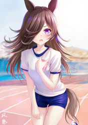 Rule 34 | 1girl, absurdres, alternate costume, animal ears, black hair, blurry, blurry background, breasts, collarbone, commentary request, gym uniform, hair over one eye, hat, highres, horse ears, kazamatsuri honatsu, long bangs, open mouth, purple eyes, racetrack, rice shower (umamusume), shorts, small breasts, smile, solo, sweat, umamusume
