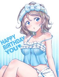 Rule 34 | 1girl, :o, absurdres, birthday, blue eyes, blush, breasts, character name, ckst, cleavage, collarbone, commentary, english text, happy birthday, highres, love live!, love live! sunshine!!, medium breasts, short hair, sidelocks, signature, sitting, solo, strap slip, watanabe you