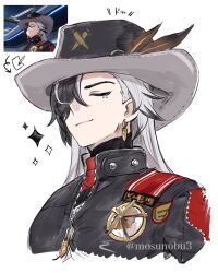 1boy arrow_(symbol) artist_name badge black_hair black_hat black_jacket boothill_(honkai:_star_rail) bullet_earrings closed_eyes closed_mouth commentary_request cowboy_hat crossed_bangs earrings game_screenshot_inset gold_earrings hair_over_one_eye hat hat_feather highres honkai:_star_rail honkai_(series) jacket jewelry long_hair male_focus mole mole_under_eye mosunobu3 multicolored_hair one_eye_covered parted_bangs reference_inset sheriff_badge simple_background single_earring smile smirk solo sparkle streaked_hair twitter_username upper_body white_background white_hair zipper zipper_pull_tab