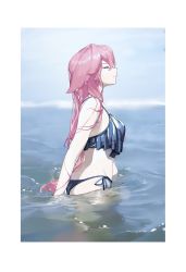 Rule 34 | 1girl, bikini, blue bikini, blurry, blurry background, border, breasts, closed eyes, closed mouth, genshin impact, highres, long hair, medium breasts, ocean, pale skin, partially submerged, pink hair, profile, reflection, reflective water, refraction, solo, standing, swimsuit, white border, yae miko, yang lizi