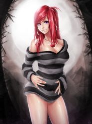 Rule 34 | 1girl, bare shoulders, black shirt, black sweater, borrowed character, breasts, cleavage, earrings, head tilt, jewelry, kamest, large breasts, lips, long hair, long sleeves, looking at viewer, necklace, no pants, original, pendant, purple eyes, red hair, shirt, simple background, smile, solo, standing, striped, sweater
