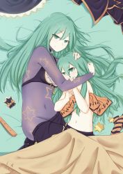 Rule 34 | 2girls, angry, bare shoulders, bodysuit, date a live, dual persona, green eyes, green hair, highres, hug, jewelry, lkqyan, long hair, looking at viewer, multiple girls, natsumi (date a live), navel, necklace, smile, star (symbol), star print