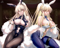 Rule 34 | 2girls, animal ears, artoria pendragon (all), artoria pendragon (fate), artoria pendragon (lancer alter) (fate), artoria pendragon (swimsuit ruler) (fate), artoria pendragon (swimsuit ruler) (fate) (cosplay), bare shoulders, black leotard, black vs white, blonde hair, blue neckwear, blue pantyhose, braid, breasts, cleavage, clothing cutout, cosplay, detached collar, dual persona, fake animal ears, fate/grand order, fate (series), feather boa, female focus, fishnet pantyhose, fishnets, french braid, green eyes, highleg, highleg leotard, horns, large breasts, leotard, long hair, looking at viewer, multiple girls, navel, navel cutout, necktie, obiwan, pantyhose, parted lips, playboy bunny, ponytail, rabbit ears, sideboob, sidelocks, sitting, tail, thigh strap, thighs, tiara, torn clothes, torn legwear, underboob, white leotard, wrist cuffs, yellow eyes