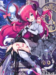 Rule 34 | 1girl, bat (animal), bats, blue eyes, clock, clocktower, corset, dragon girl, elizabeth bathory (fate), elizabeth bathory (fate/extra ccc), elizabeth bathory (second ascension) (fate), fate/extra, fate/extra ccc, fate/grand order, fate (series), full moon, highres, horns, long hair, looking at viewer, microphone, moon, open mouth, pink hair, pink ribbon, pointy ears, ribbon, sitting, skirt, sky, solo, star (sky), starry sky, tagme, tail, tower, two side up