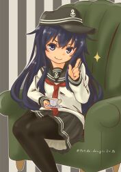 Rule 34 | 1girl, absurdres, akatsuki (kancolle), anchor symbol, black hair, black hat, black pantyhose, black sailor collar, black skirt, couch, feet out of frame, flat cap, grey eyes, hat, highres, index finger raised, kantai collection, long hair, long sleeves, neckerchief, pantyhose, pleated skirt, pot-de, red neckerchief, sailor collar, shirt, skirt, smile, solo, striped background, white shirt