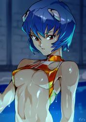 Rule 34 | 1girl, areola slip, ayanami rei, bad id, bad twitter id, blue hair, breasts, dripping, hair between eyes, indoors, interface headset, looking at viewer, navel, neon genesis evangelion, one-piece swimsuit, optionaltypo, red eyes, short hair, small breasts, solo, stomach, swimsuit, upper body, wet, zipper pull tab