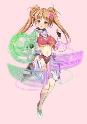 Rule 34 | 1girl, aged up, armor, blush, brown hair, cleavage cutout, clothing cutout, comko, fingerless gloves, gloves, hair ornament, hairclip, heart, highres, holographic interface, light rings, mangagamer, mangagamer 2.0, purple eyes, simple background, twintails