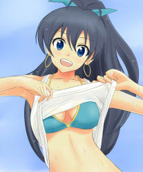 Rule 34 | 1girl, bikini, bikini under clothes, black hair, blue eyes, blush, breasts, cleavage, clothes lift, earrings, fangs, ganaha hibiki, high ponytail, idolmaster, idolmaster (classic), jewelry, lifting own clothes, long hair, looking at viewer, open mouth, ponytail, shirt, shirt lift, smile, solo, super freedam, swimsuit, swimsuit under clothes, tank top, undressing, wet