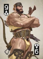 Rule 34 | 1boy, abs, arrow (projectile), bara, beard, belt, biceps, bow (weapon), brown eyes, brown hair, card (medium), crossbow, crossed arms, facial hair, feet out of frame, hat, jacket, leg armor, looking to the side, male focus, male underwear, manly, mature male, muscular, muscular male, no pants, no shirt, open clothes, open jacket, original, pectorals, sleeveless, solo, thick arms, thick eyebrows, thick thighs, thighs, tooboshoo, underwear, weapon, weapon on back