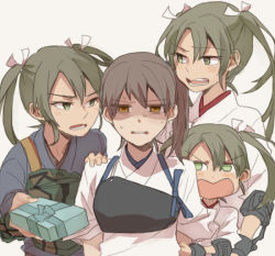 Rule 34 | 4girls, annoyed, blush, box, brown hair, commentary request, gift, gift box, hair ribbon, japanese clothes, kaga (kancolle), kantai collection, long hair, multiple girls, multiple persona, open mouth, ree (re-19), remodel (kantai collection), ribbon, short hair, side ponytail, sweat, twintails, white day, aged down, yuri, zuikaku (kancolle)