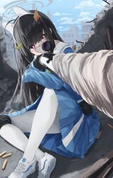 Rule 34 | 1girl, absurdres, aiming, animal ears, black gloves, black hair, blue archive, blue serafuku, blue skirt, bolt action, broken wall, bullet, cross-laced footwear, facing viewer, fake animal ears, gloves, gun, halo, highres, holding, holding gun, holding weapon, knee guards, leaf, long hair, miyu (blue archive), mosin-nagant, muginosa, pantyhose, perspective, pleated skirt, pouch, rabbit ears, red eyes, rifle, sailor collar, school uniform, scope, serafuku, shoes, sitting, skirt, sleeves past fingers, sleeves past wrists, sneakers, sniping, solo, weapon, white footwear, white pantyhose, white sailor collar
