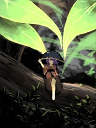 Rule 34 | 1girl, artist request, barefoot, blurry, blurry background, bowl, bowl hat, day, grass, hair over one eye, hat, japanese clothes, kimono, legs, log, long sleeves, looking at viewer, mini person, minigirl, nature, obi, purple eyes, purple hair, rock, sash, senzaki, short hair, sitting, smile, solo, sukuna shinmyoumaru, sunlight, touhou, tree, wide sleeves, wind