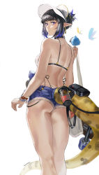 Rule 34 | 1girl, arknights, bare arms, bare shoulders, bird, bird on hand, black choker, black hair, blue eyes, bounsies, breasts, choker, commentary, denim, denim shorts, eunectes (arknights), feet out of frame, from behind, hand up, high priest (arknights), highres, looking back, pointy ears, short hair, short shorts, shorts, simple background, skateboard, small breasts, snake tail, solo, standing, symbol-only commentary, tail, thighs, underbutt, visor cap, white background