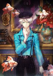 Rule 34 | 1boy, black wings, blue eyes, book, bubble, finger to mouth, fish, flower, goldfish, hat, hood, male focus, mirror, non-web source, nox, original, plant, skull, solo, surreal, suspenders, vase, whip, white hair, wings