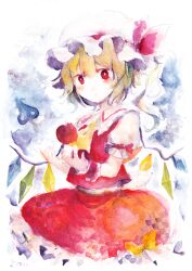 Rule 34 | 1girl, apple, ascot, blonde hair, closed mouth, collared shirt, cowboy shot, crystal, flandre scarlet, food, frilled shirt collar, frilled skirt, frilled sleeves, frills, fruit, gensou aporo, hair between eyes, hat, hat ribbon, laevatein (touhou), looking at viewer, medium hair, mob cap, multicolored wings, one side up, puffy short sleeves, puffy sleeves, red apple, red eyes, red ribbon, red skirt, red vest, ribbon, ribbon-trimmed headwear, ribbon trim, shirt, short sleeves, simple background, skirt, sleeve ribbon, solo, touhou, vest, white background, white shirt, wings, wrist cuffs, yellow ascot