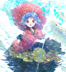 Rule 34 | 1girl, blue hair, caustics, fish, hand on headwear, highres, holding, itomugi-kun, japanese clothes, kimono, mini person, minigirl, needle, open mouth, red eyes, red kimono, reflection, sewing needle, short hair, solo, sukuna shinmyoumaru, touhou, water, wide sleeves