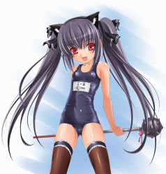 Rule 34 | 1girl, breasts, cameltoe, covered erect nipples, kooh, long hair, mace, name tag, one-piece swimsuit, pangya, red eyes, school swimsuit, shujin, small breasts, solo, swimsuit, thighhighs, twintails, weapon