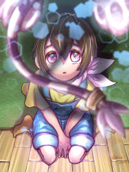 Rule 34 | 1girl, blue overalls, digimon, digimon (creature), highres, jewelry, looking at another, overalls, pink eyes, ring, shirt, shortalls, sitting, tail, tailmon, yagami hikari, yellow shirt
