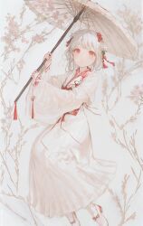 Rule 34 | 1girl, albino, bow, chinese clothes, closed mouth, dress, floral background, footwear bow, frown, hair ornament, hanfu, highres, kanzashi, long sleeves, looking at viewer, oil-paper umbrella, original, red bow, red eyes, red trim, short hair, socks, umbrella, wangyq, white background, white dress, white footwear, white hair, white socks, wide sleeves