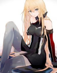 Rule 34 | 1girl, bare shoulders, bismarck (kancolle), blonde hair, blue eyes, breasts, closed mouth, elbow gloves, gloves, hair between eyes, head tilt, highres, impossible clothes, kantai collection, large breasts, long hair, looking at viewer, okayu (papiko1111), simple background, sitting, thighhighs, thighs