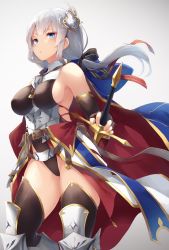 Rule 34 | 1girl, armor, belt, black gloves, black thighhighs, blue eyes, commentary request, cowboy shot, elbow gloves, fingerless gloves, forte (sennen sensou aigis), from below, gloves, gradient background, greaves, hair ornament, hair ribbon, hand on hilt, highleg, highleg leotard, highres, leotard, long hair, looking at viewer, low ponytail, nanahara fuyuki, parted lips, ribbon, sennen sensou aigis, sidelocks, silver hair, simple background, solo, thighhighs, underbust, vambraces