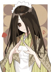 1girl absurdres bfmelu border brown_eyes brown_hair green_kimono hair_over_one_eye heart highres japanese_clothes kimono komori_kiri looking_at_viewer sayonara_zetsubou_sensei sketch smile solo striped_clothes striped_kimono vertical-striped_clothes vertical-striped_kimono white_border white_headdress