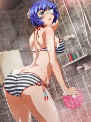 Rule 34 | 00s, 1girl, ass, back, bare shoulders, blue hair, blush, bra, breasts, butt crack, curvy, eyepatch, female focus, highres, huge ass, ikkitousen, large breasts, looking at viewer, looking back, official art, open mouth, panties, ryomou shimei, short hair, sideboob, solo, standing, striped clothes, striped panties, swimsuit, underwear, wet