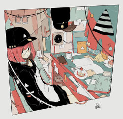 Rule 34 | 1girl, bob cut, cable, cake, computer, cup, daisukerichard, flat color, food, fruit, glasses, hat, headphones, hood, hoodie, laptop, looking at viewer, nintendo switch, original, paper, polaroid, pyramid (structure), short hair, sitting, solo, strawberry, strawberry shortcake, table, triangle