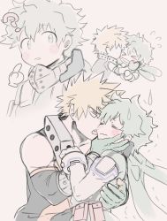 Rule 34 | &gt; &lt;, 2boys, ?, animal ears, bakugou katsuki, blonde hair, blush, bodysuit, boku no hero academia, closed eyes, closed mouth, commentary, fake animal ears, flying sweatdrops, freckles, gloves, green eyes, green hair, hands on another&#039;s cheeks, hands on another&#039;s face, highres, hood, hood down, hooded bodysuit, looking at another, male focus, midoriya izuku, multiple boys, multiple views, nugunasutu, open mouth, pale color, rabbit ears, short hair, simple background, spiked hair, sweat, trembling, white gloves, yaoi