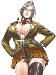 Rule 34 | 10s, 1girl, black-framed eyewear, black gloves, black thighhighs, blazer, breasts, brown eyes, brown jacket, bursting breasts, buttons, center opening, choker, cleavage, collarbone, collared shirt, cowboy shot, cropped legs, dildo, dress shirt, female focus, female pubic hair, glasses, gloves, grey hair, hair bun, hands on own hips, highres, huge breasts, jacket, kuroishi ringo, large breasts, lips, long sleeves, looking at viewer, looking down, miniskirt, neck ribbon, no bra, no panties, parted lips, plaid, plaid skirt, pleated skirt, prison school, pubic hair, ribbon, school uniform, sex toy, shiraki meiko, shirt, short hair, simple background, single hair bun, single thighhigh, skirt, solo, sparkle, strap-on, swept bangs, thighhighs, thighs, unbuttoned, white background, white shirt, wing collar