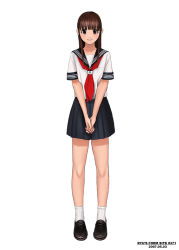 Rule 34 | 1girl, black skirt, blue sailor collar, brown eyes, brown hair, dated, full body, loafers, long hair, looking at viewer, neckerchief, original, own hands together, pleated skirt, ryu (ryu&#039;s form site), sailor collar, school uniform, serafuku, shoes, short sleeves, simple background, skirt, socks, solo, standing, v arms, white background, white socks