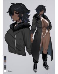 Rule 34 | 1girl, abs, artist name, black coat, black footwear, black hair, blue hair, boots, breasts, closed mouth, coat, collar, color guide, commentary, corrupted twitter file, cowlick, criss-cross halter, cropped torso, dark-skinned female, dark skin, ear piercing, expressionless, full body, fur-trimmed coat, fur trim, grey background, grey eyes, hair over one eye, halterneck, hand on own hip, highres, large breasts, light blush, looking at viewer, medium hair, metal collar, multicolored hair, multiple views, norza, one eye covered, open clothes, open coat, original, piercing, pillarboxed, profile, revealing clothes, sleeves past elbows, standing, streaked hair, symbol-only commentary, toned, two-tone hair