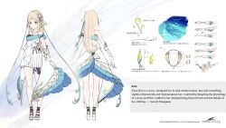 Rule 34 | 1girl, absurdres, bare shoulders, blonde hair, blue eyes, closed mouth, commentary, concept art, copyright name, dress, emo (harvestella), english commentary, english text, full body, gladiator sandals, hair ornament, harvestella, highres, jewelry, long hair, necklace, official art, pointy ears, sandals, shell hair ornament, sleeveless, sleeveless dress, solo, very long hair, white dress, white footwear, yasushi hasegawa
