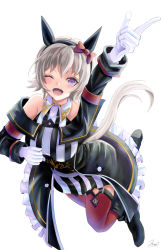 Rule 34 | 1girl, ;d, animal ears, arm up, bare shoulders, black footwear, black jacket, boots, bow, breasts, commentary, curren chan (umamusume), dress, ear bow, frilled jacket, frills, full body, gloves, grey hair, highres, horse ears, horse girl, horse tail, jacket, knee boots, long sleeves, looking at viewer, medium breasts, off-shoulder jacket, off shoulder, one eye closed, open mouth, purple eyes, red bow, red thighhighs, signature, simple background, sleeveless, sleeveless dress, smile, solo, striped clothes, striped dress, tail, thighhighs, thighhighs under boots, umamusume, vertical-striped clothes, vertical-striped dress, white background, white gloves, yumibakama meme